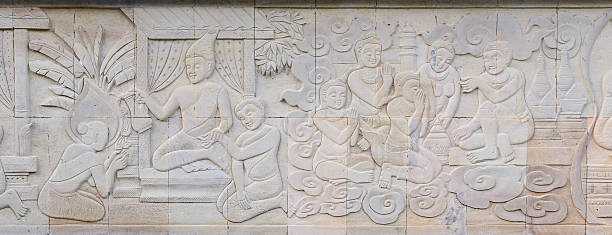 istock Thai culture stone carving on temple wall. 636268098