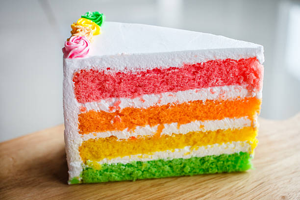 istock Delicious rainbow cake on wood plate. 636269006