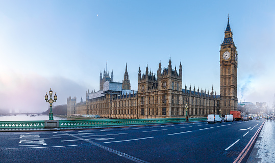 Panorama of Houses of Parliament in winter morning, London