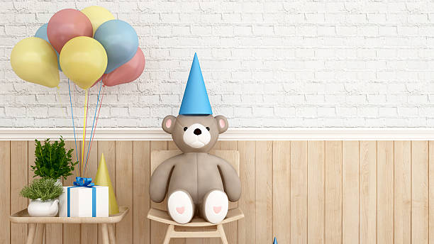 istock Bear on chair with gift and balloon - 3D Rendering 636271574