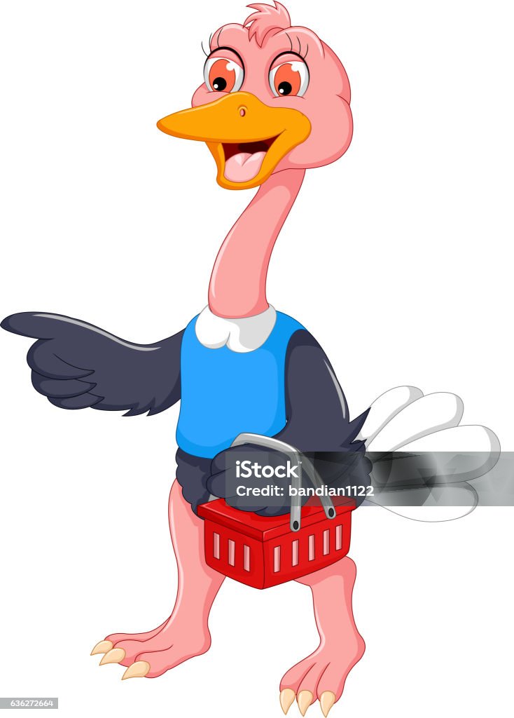 funny ostrich cartoon carrying shopping baskets - Royaltyfri Beskrivande färg vektorgrafik