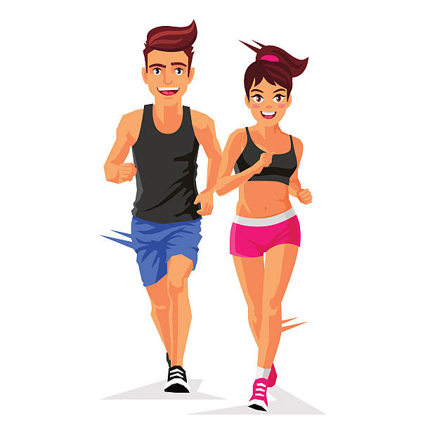 ilustraciones, imágenes clip art, dibujos animados e iconos de stock de joven guapo y una mujer corriendo - sport couple isolated muscular build