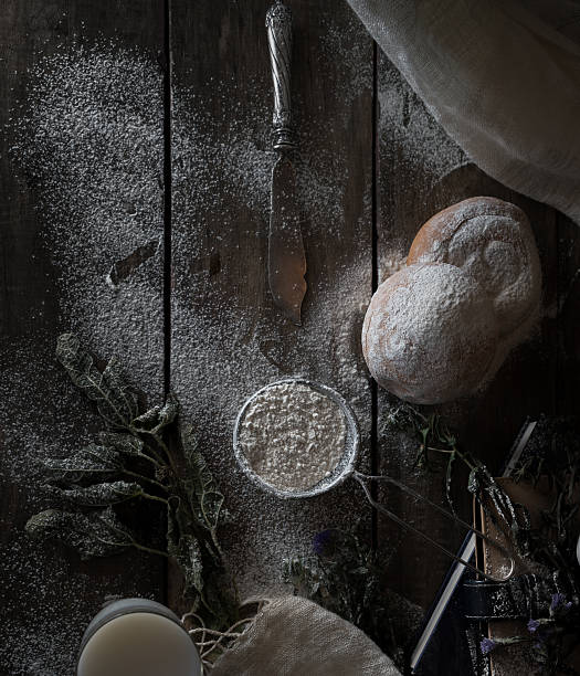 still life, vintage. a simple country breakfast. milk, white bread