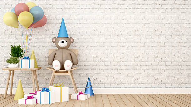 istock Bear with balloon in kid room - 3D Rendering 636277382