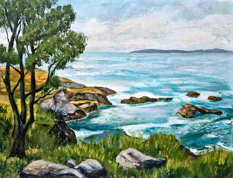 Original oil painting of an ocean's shoreline with rocks, grass and a tree