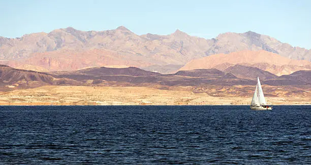 Mountains dominate the background with Sailboats moving along Lake Mead