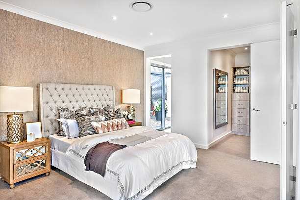 istock Modern bedroom decoration with doors to outside and laundry 636279106