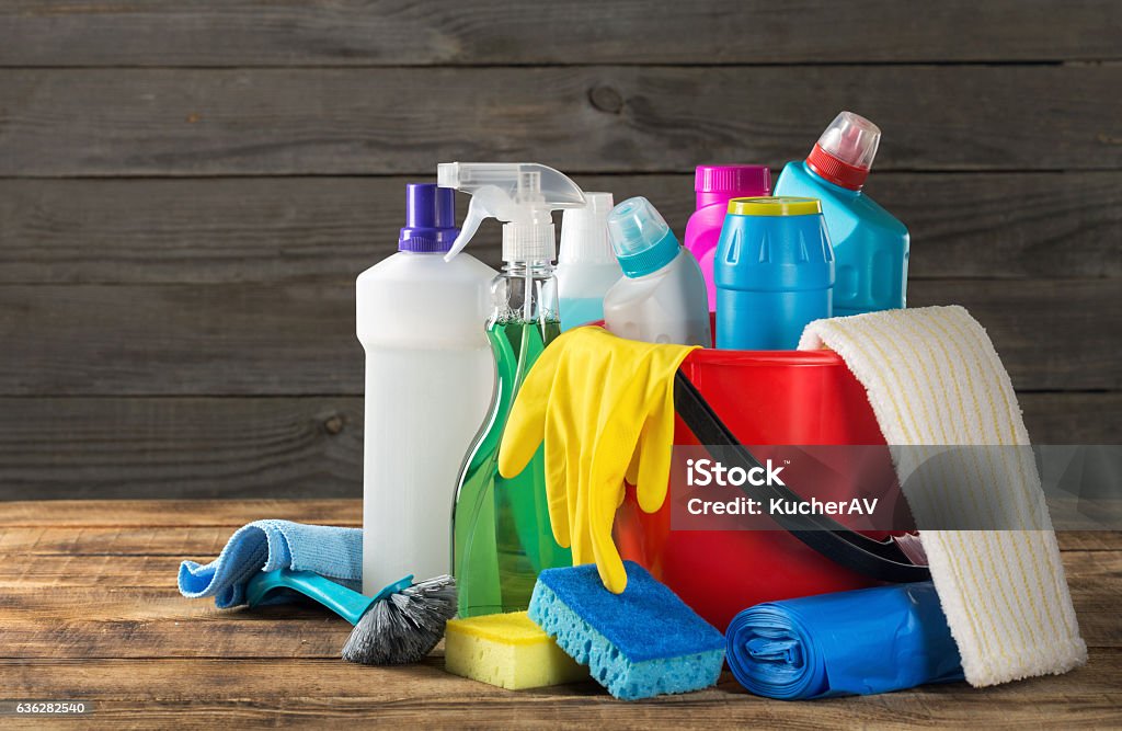 Variety house cleaning product on wood table Variety house cleaning product on wood table close up Cleaning Product Stock Photo