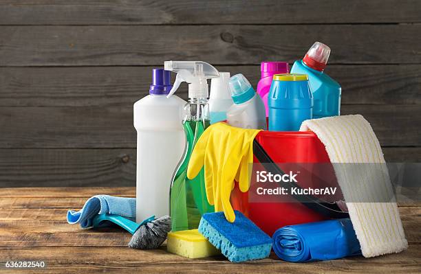 Variety House Cleaning Product On Wood Table Stock Photo - Download Image Now - Cleaning Product, Domestic Life, Chemical