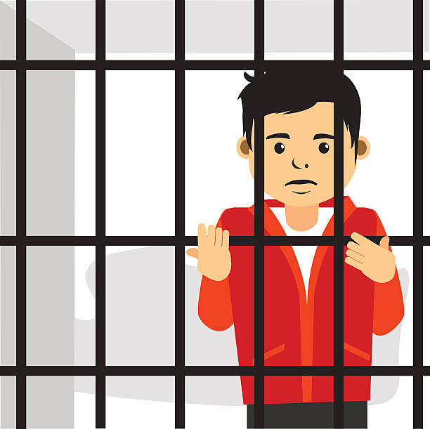 Sad Young Handsome Guy Inside Jail vector art illustration