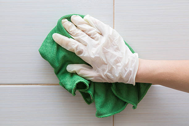 istock Hand in pink protective glove cleaning tiles with rag. 636289132