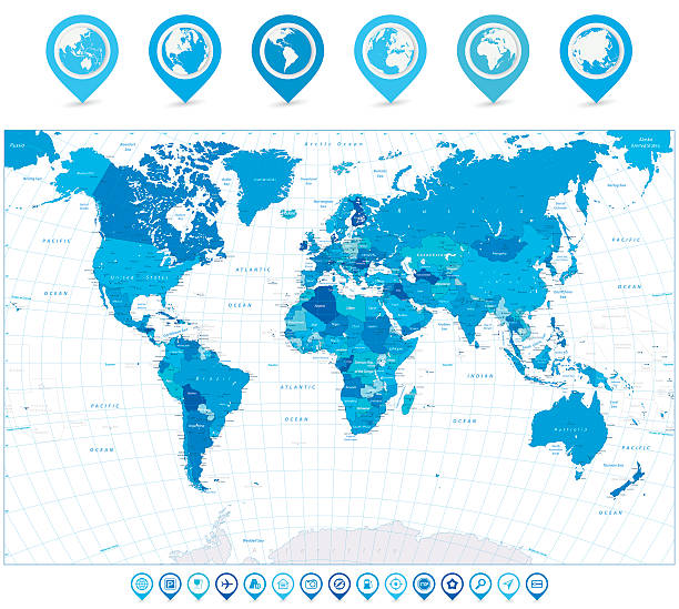 ilustrações de stock, clip art, desenhos animados e ícones de world map in colors of blue and map pointers - east antarctica