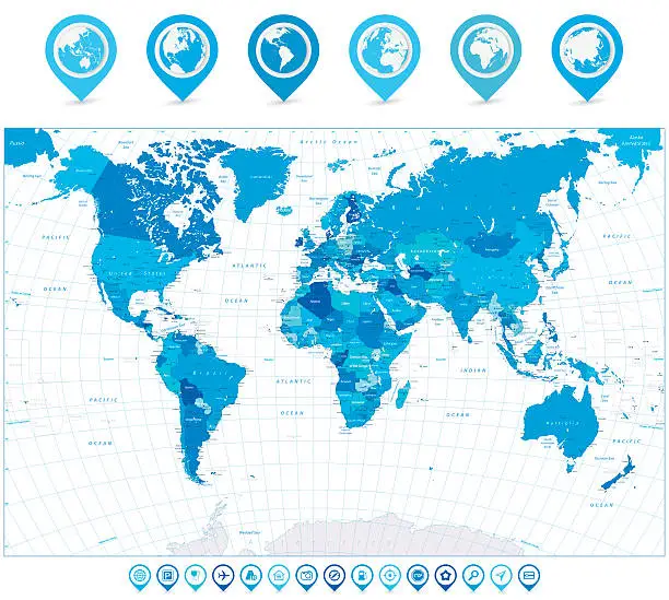 Vector illustration of World Map in colors of blue and map pointers