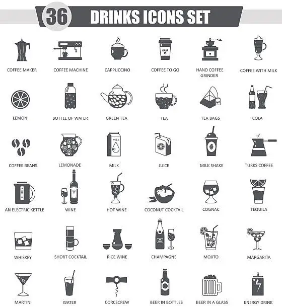 Vector illustration of Vector Drinks black icon set. Dark grey classic  design for