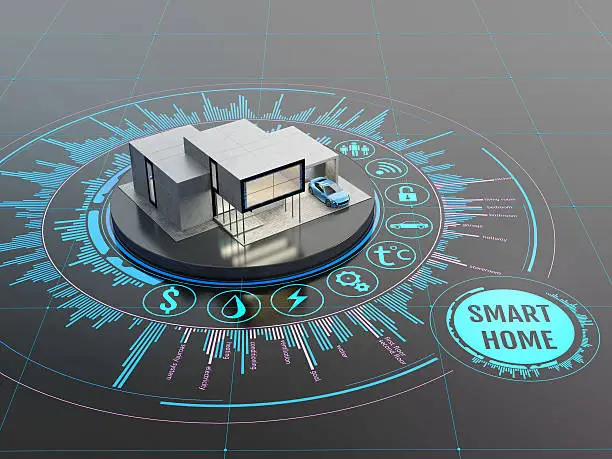Concept of smart home or internet of things technology. Scale model of contemporary house on the interactive display with infographic elements. 3D illustration on dark background.