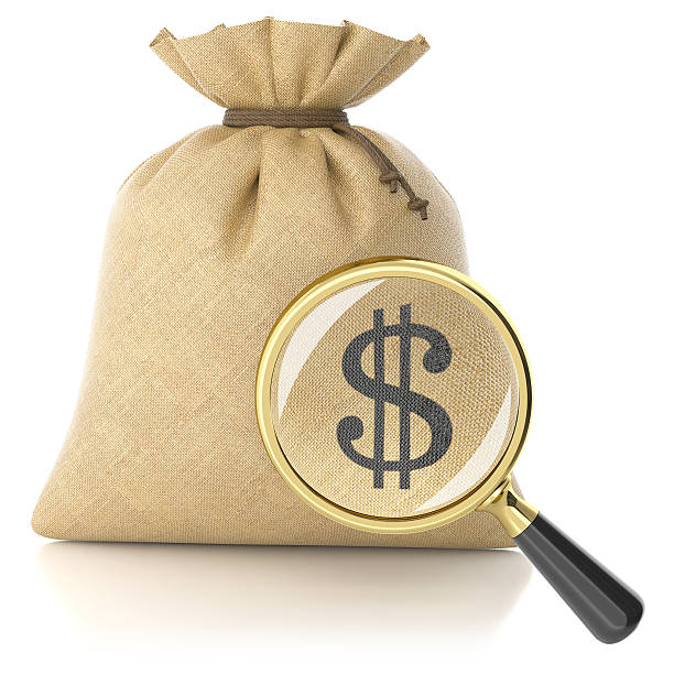 istock Loupe search dollar sign on rag bag with money 636296632