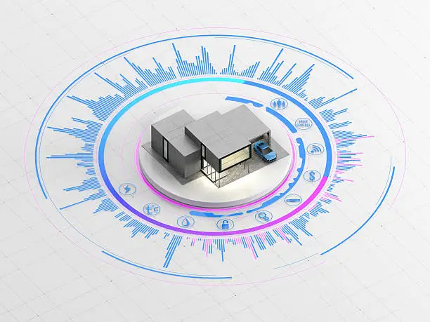 Concept of smart home or internet of things. Scale model of contemporary house on the interactive display with infographic elements. 3D illustration on white background.