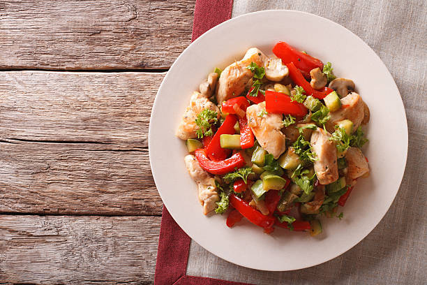 Chicken saute with mushrooms and vegetables close-up. horizontal