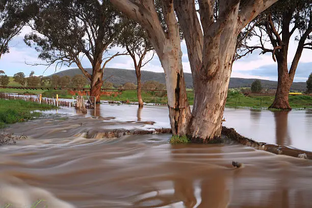 Floodwaters rush across the landscape in rural NSW
