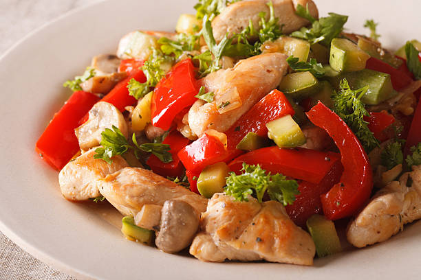 istock Chicken fried with mushrooms, peppers and zucchini macro. horizontal 636297214