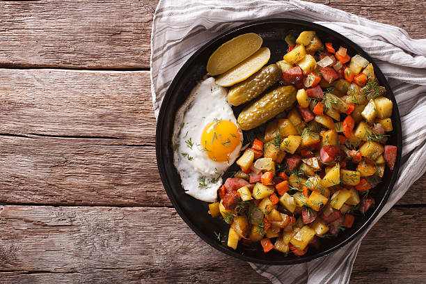 Finnish food pyttipannu: fried potatoes with sausages, eggs