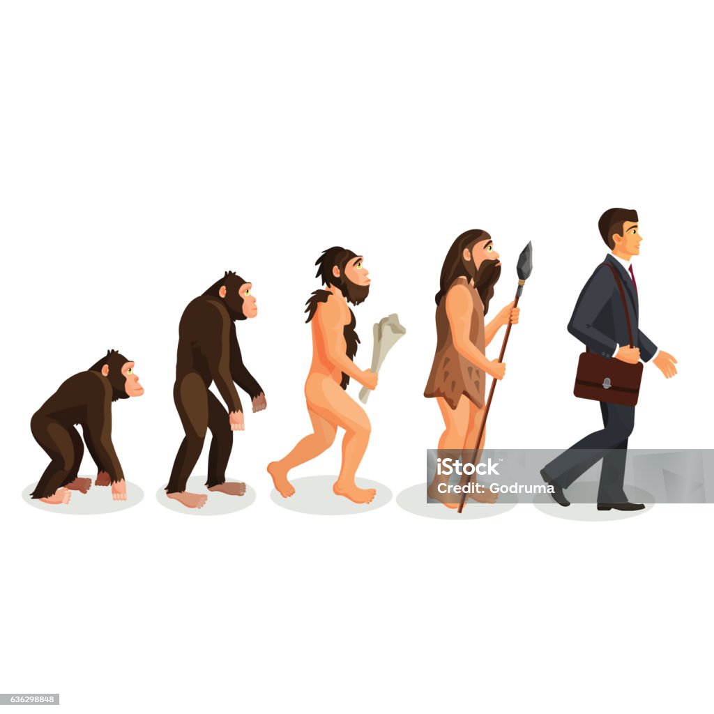 Del simio al hombre de pie proceso aislado. Evolución humana - arte vectorial de Evolución libre de derechos