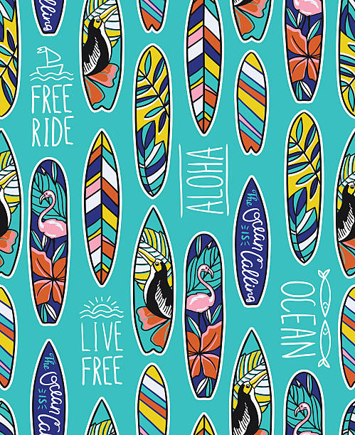밝은 서핑 보드와 세련된 문구와 원활한 벡터 패턴. - surfing wave surf surfboard stock illustrations