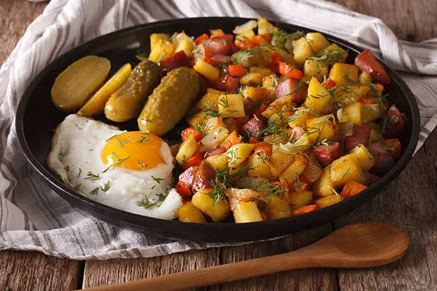 Photo of Finnish food pyttipannu: fried potatoes with sausages, eggs