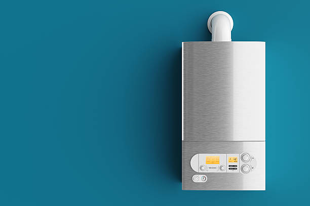 caldera de gas doméstica sobre fondo azul 3d - boiler natural gas heat equipment fotografías e imágenes de stock