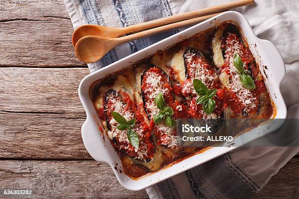 Italian Eggplant Baked With Mozzarella In Tomato Sauce Stock Photo - Download Image Now