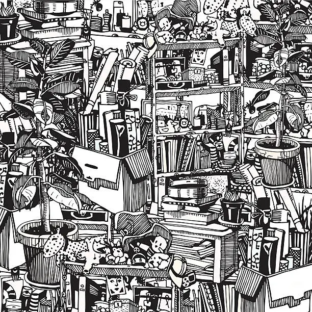 Vector illustration of Home Stuff. Messy and Chaotic Room of Artistic Person.