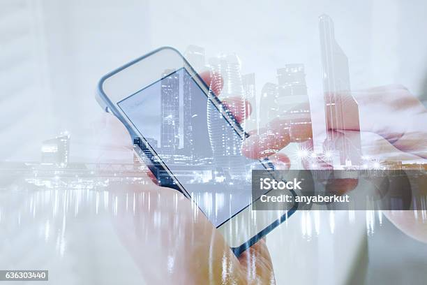 Double Exposure Of Hands With Smart Phone Stock Photo - Download Image Now - Multiple Exposure, Office, Data