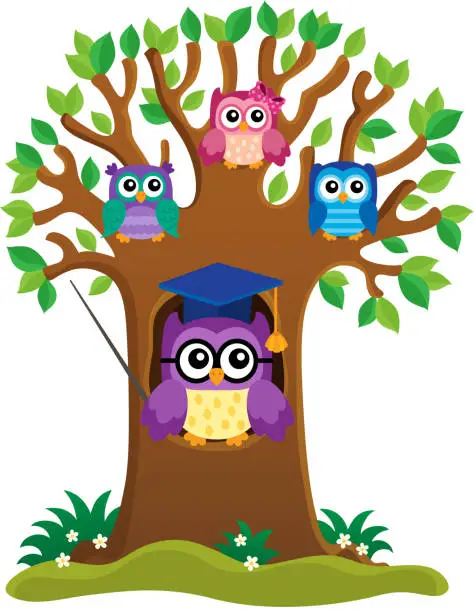 Vector illustration of Tree with stylized school owl theme 1