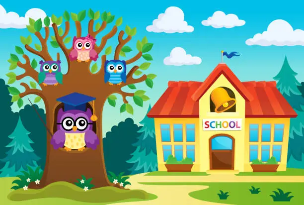 Vector illustration of Tree with stylized school owl theme 6