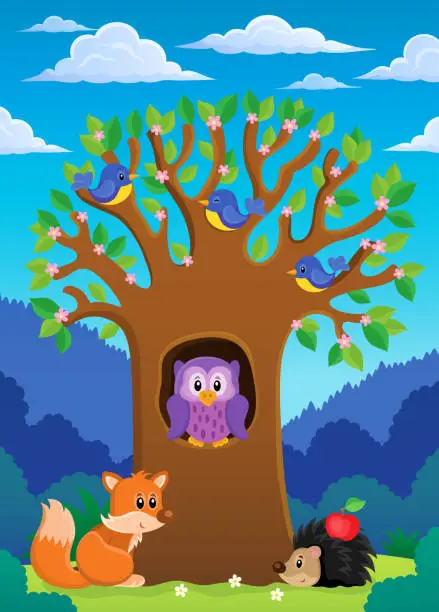 Vector illustration of Tree with various animals theme 4