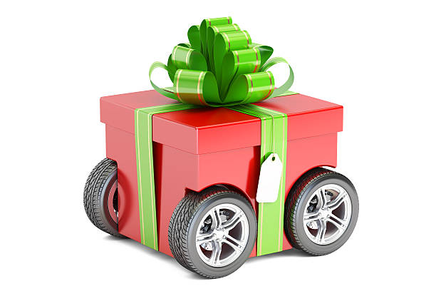 red gift box on wheels, gift delivery concept. 3D rendering