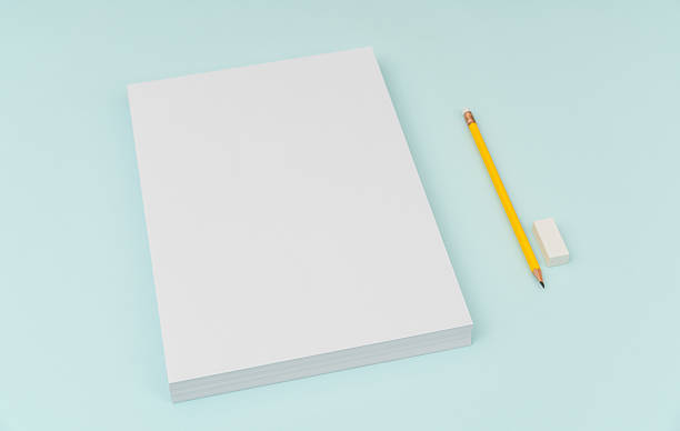 istock Blank paper with pencil and eraser on blue background 636308886
