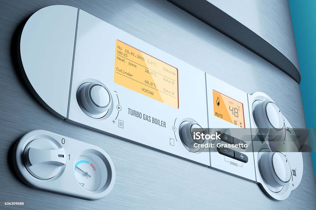 Gas fired boiler control panel closeup. Household appliance Gas fired boiler control panel closeup. Household appliance. Illustration 3d Boiler Stock Photo