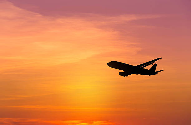 istock Silhouette airplane flying on sunset 636313818