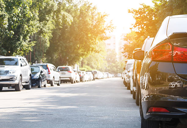 istock Black car parking in line outdoor 636317122