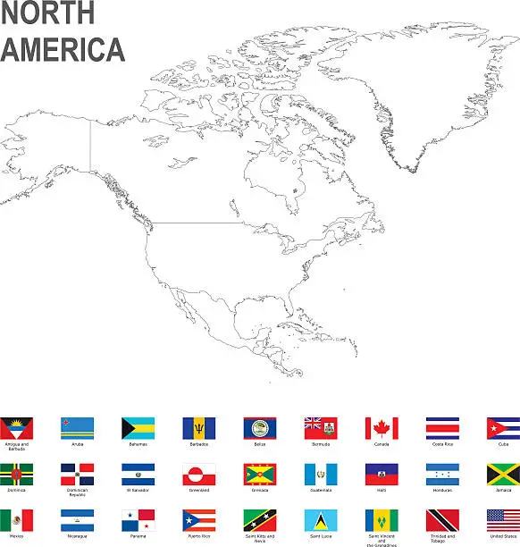 Vector illustration of map of North America with flag against white background