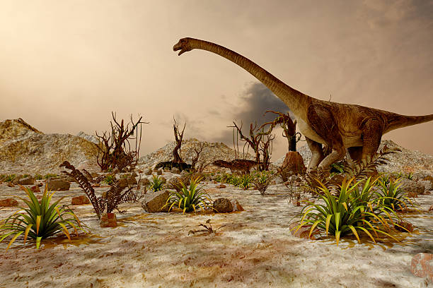 dinosauro. giungla preistorica, paesaggio, valle con dinosauri. rendering 3d - triassic foto e immagini stock