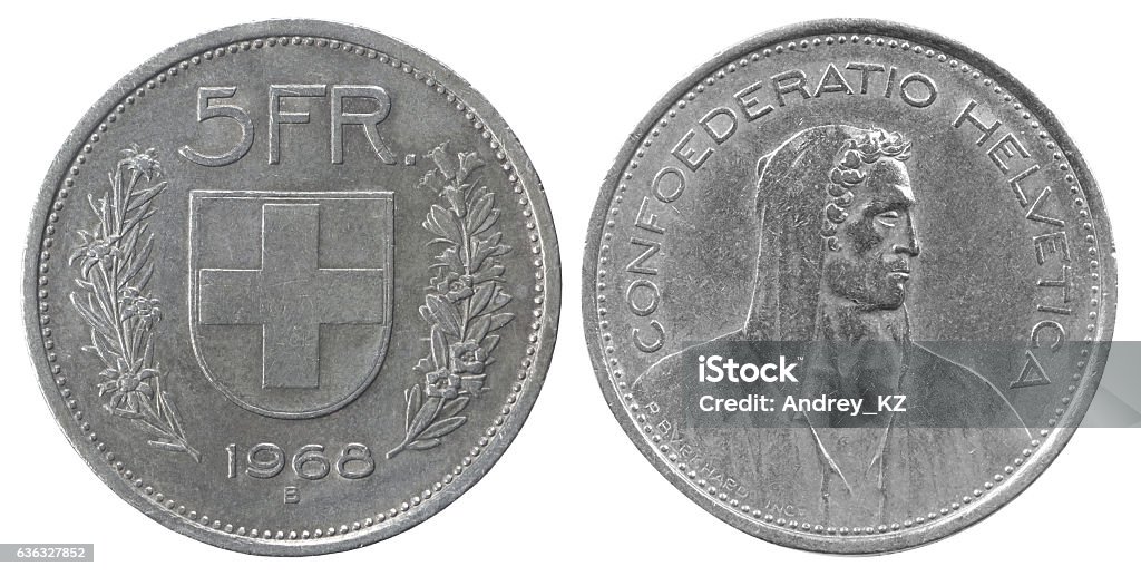 five francs coin five francs coin closeup isolated on white background Swiss Coin Stock Photo