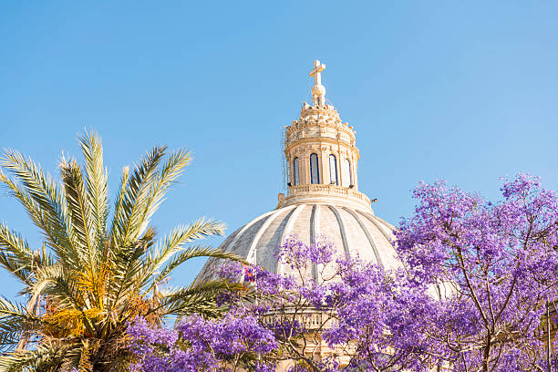 Dome of Basilica in Flowers, Malta Low angle view on Dome of Basilica, in front purple flowers, Valetta, Malta valletta photos stock pictures, royalty-free photos & images