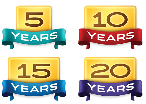 Anniversary celebration year symbol banners for 5 years, 10 years, 15 years and 20 years. EPS 10 file. Transparency effects used on highlight elements.