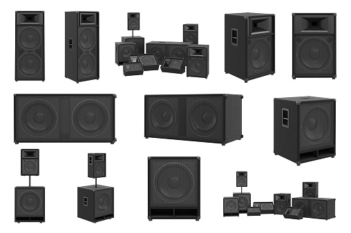 Speakers audio loud system modern black sound system set. 3D rendering