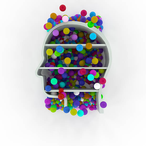istock 3D rendering abstract colorful balls filling into human head 636331890