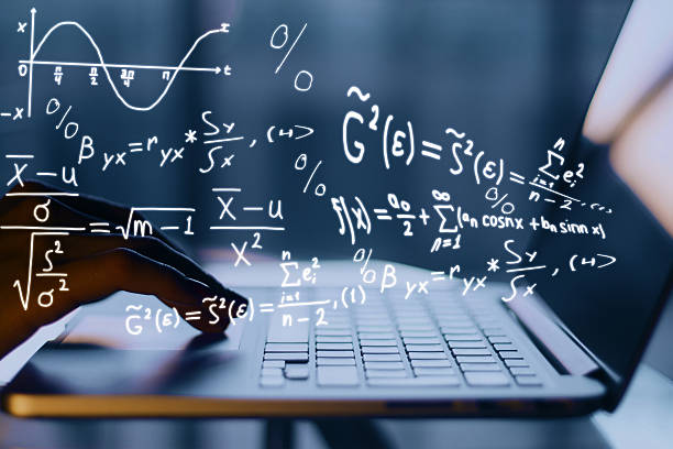 Online education concept Hands using laptop with mathematical formulas. Online education concept mathematical symbol stock pictures, royalty-free photos & images