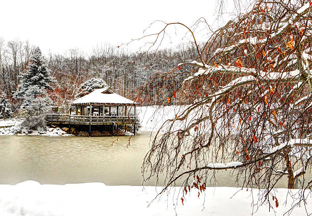 Wheaton, Maryland, United States - January 6, 2015: The Japanese Tea house on the pond at Brookside Gardens after a snow storm.