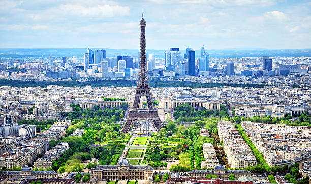 Cityscape of Paris Aerial view of Paris with Champ-de-Mars, Eiffel Tower and skyscrapers of La Defense paris france stock pictures, royalty-free photos & images